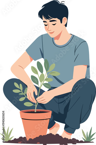 uomo donna coltiva le piante vasi di fiori vettoriale