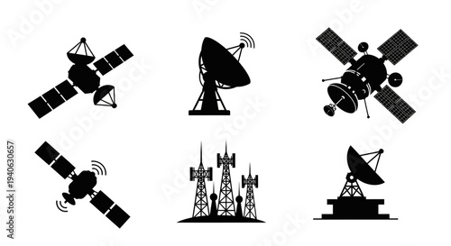 Satellite and telecommunication icons set, black silhouette space technology vectors, 6 communication elements for global network and broadcasting