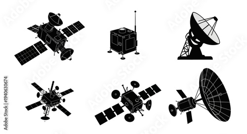 Space satellite silhouette icons set, orbital spacecraft and telecommunication equipment vector, 6 aerospace technology elements for science and communication