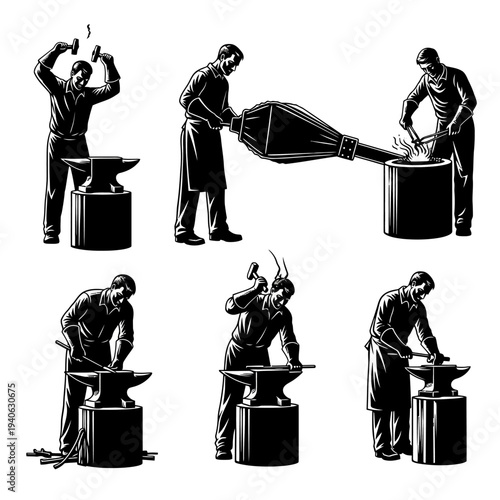 Vintage blacksmith workshop vector set, traditional metal worker silhouettes with anvil and bellows, retro woodcut style forge craftsmen icons