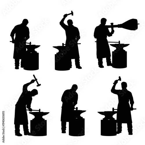 Blacksmith silhouette vector set, metal worker forging iron on anvil with hammer, traditional craftsman and farrier silhouettes for industrial design