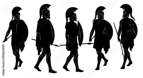 Ancient Greek Spartan warrior silhouettes, set of 5 hoplite soldier vector icons with spears and shields, black military infantry figures