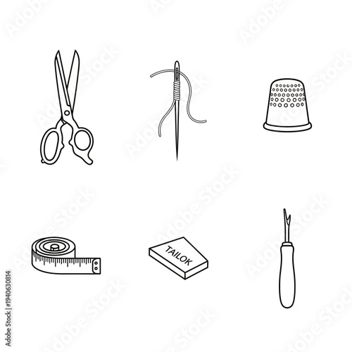 Tailoring and sewing equipment icons set, professional dressmaker tools collection, black and white outline vector illustrations for needlework