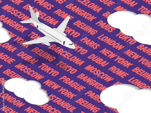 Air travel background. Airplane flying over repeating world city names. International airports, major travel destinations. Isometric vector illustration. 