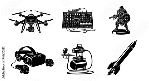 Modern hobby and technology icons set, black and white vector illustrations of drone, VR headset, gaming miniature, and rocket ship
