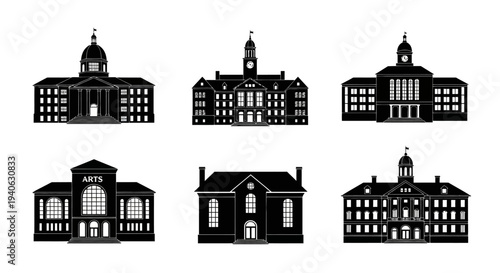 Classical architecture building silhouettes set, 6 black university and government icons, historic municipal landmarks and school facades