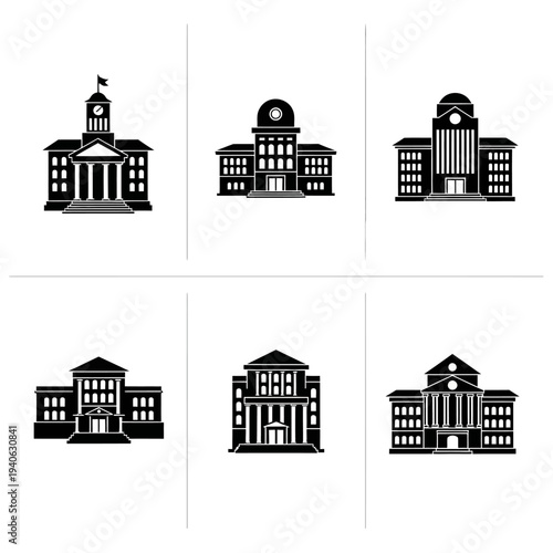 Government building icons set, black and white university architecture silhouettes, 6 classic municipal and educational facility vector elements