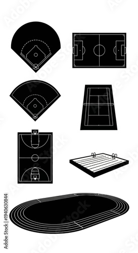 Minimalist sports field icons set, black silhouette athletic court diagrams, collection of 7 vector stadium layouts for competition planning