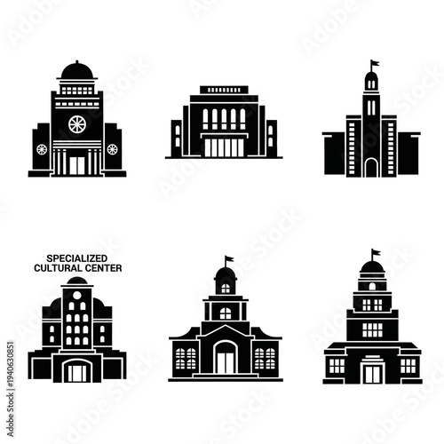 Government building icons set, black silhouette municipal architecture vectors, specialized cultural center and public institution symbols