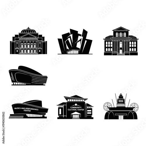 Modern architectural building icons, set of 7 black silhouette theater and museum vectors, community cultural center and music performance venue graphics