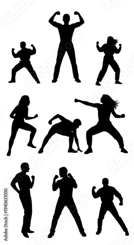 Athletic people silhouettes set, collection of 9 vector figures in active poses, fitness and martial arts character silhouettes for sports design