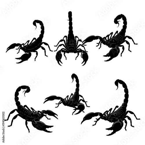 Black scorpion silhouette vector set, collection of 6 predatory arachnid icons, desert wildlife scorpion illustrations for tattoo design and logos