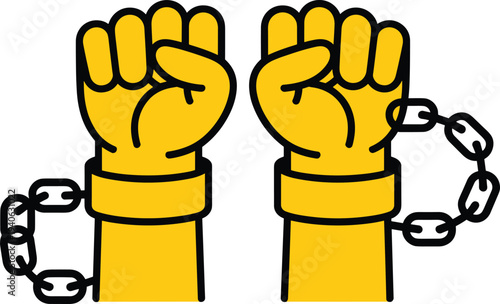 Two yellow fists breaking free from chains on a white background freedom liberation