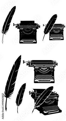 Vintage typewriter and quill pen silhouettes, retro writing tools collection, black and white literary vector icons for authors and poets