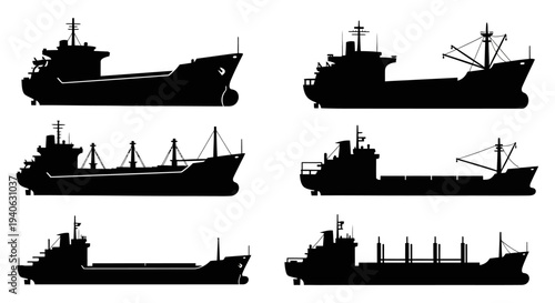 Cargo ship silhouette collection, set of 6 industrial merchant vessel icons, maritime freight transport and global logistics shipping vector graphics