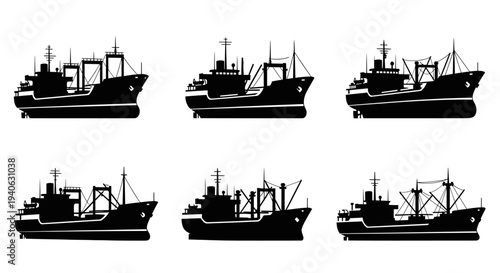 Industrial fishing boat silhouettes collection, set of 6 commercial trawler vessel icons, black nautical ship vector graphics for maritime design