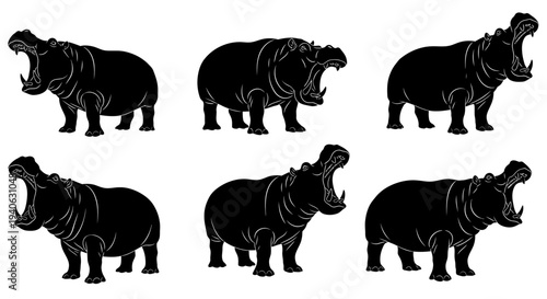 Black hippo silhouette vector set, hippopotamus with open mouth yelling, wild african animal collection with 6 elements for logo design