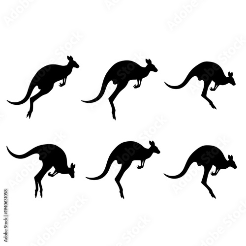 Kangaroo silhouette vector collection, set of 6 jumping kangaroo icons, Australian wildlife marsupial shapes for nature and travel design