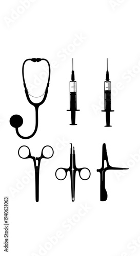 Medical equipment silhouette collection, surgical tools and stethoscope vector set, healthcare instruments for surgery and clinical diagnosis