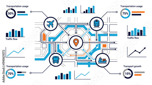 Transportation usage statistics displayed on modern city map