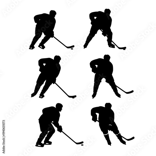 Ice hockey player silhouettes set, professional athlete action poses with sticks and pucks, 6 vector elements for sports design