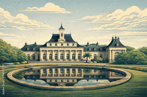 Pillnitz Palace reflected in a calm circular pool, framed by greenery and a soft, partly cloudy sky