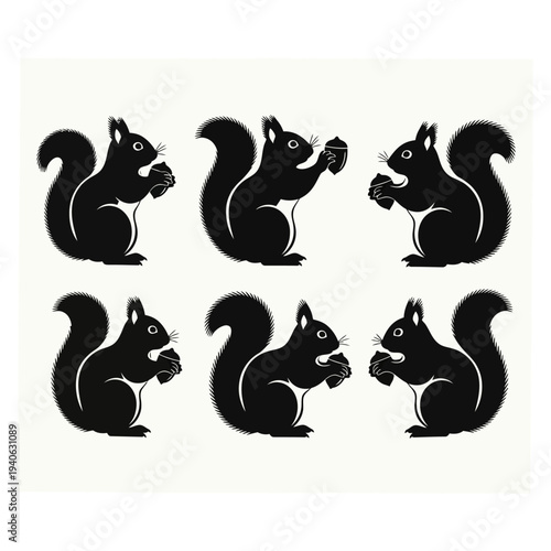 Black squirrel silhouette collection, set of 6 forest animal icons with acorns, minimalist wildlife vector graphics for autumn branding