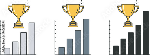 Three trophies with bar graphs showing progressive success and achievement