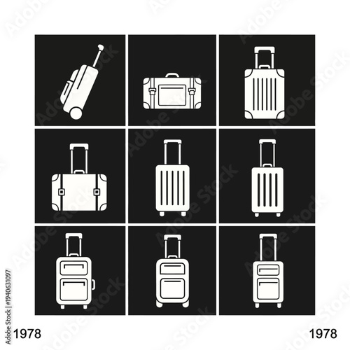 Minimalist luggage icon set, 9 white travel suitcase vector symbols on black squares, modern baggage and vacation trunk collection for web design