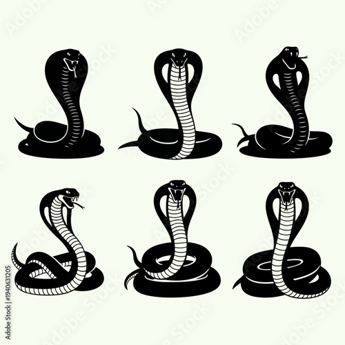 King cobra snake silhouette collection, 6 black serpent vector icons, aggressive viper reptile set for tattoo and logo design