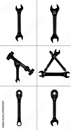 Industrial wrench and spanner vector icons, black silhouette mechanical hand tools set, professional hardware equipment for repair and maintenance