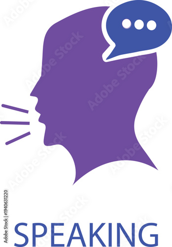 Purple silhouette of a person speaking with a speech bubble icon representing communication, language, and vocal interaction