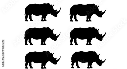 Rhinoceros silhouette collection, set of 6 black rhino vector icons, wild african animal profile shapes for logo design and wildlife conservation branding
