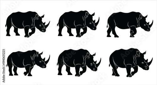 Rhinoceros silhouette vector set, black rhino animal icons in profile, collection of 6 wild rhinoceros graphics for safari and conservation branding