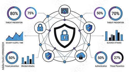 Cybersecurity threat prevention and protection concept with shield and lock icons