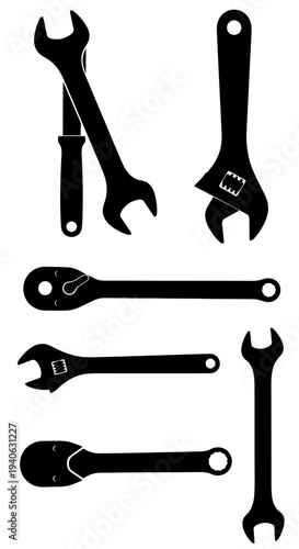 Mechanical wrench tool silhouettes, set of 7 industrial hand tools for repair and maintenance, black vector icons of spanners and ratchets