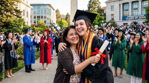 A smiling group of happy university students and diverse graduates in academic gowns and caps celebrate their success and education achievement with diplomas at a college graduation
