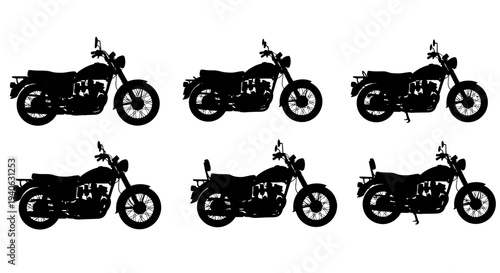 Vintage motorcycle silhouettes set, 6 classic motorbike vector elements, black retro cruiser bike icons for garage and biker club branding