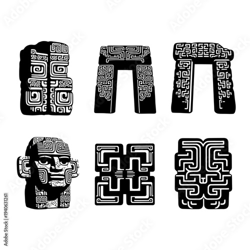 Ancient Mayan stone carvings and tribal monoliths, set of 6 black and white vector icons, pre-columbian aztec architectural elements and stone head