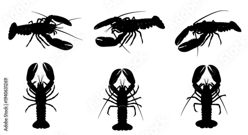 Black lobster silhouette collection, 6 seafood vector icons for restaurant branding, marine crustacean shapes for menu design and nautical logos