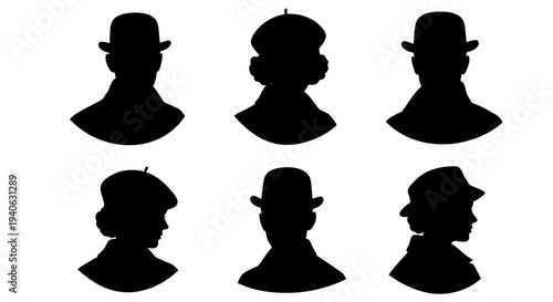 Vintage gentleman and lady silhouettes with hats, set of 6 classic head and shoulder portraits, retro fashion profile icons in black vector