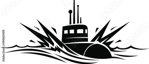 Black silhouette of a submarine emerging from wavy water with abstract sharp lines abstract lines