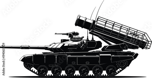 Black silhouette of a military tank with a raised missile launcher on a white background