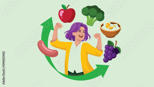 Healthy lifestyle and balanced diet concept with woman surrounded by fruits vegetables and food cycle nutrition illustration