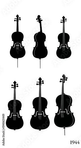 Classical string instrument silhouettes, set of 6 cello and violin icons. Black musical instrument vector collection for orchestra and concert posters.