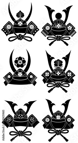 Set of 6 Traditional Japanese Samurai Helmets Vector Icons in Black and White, Featuring Ornate Designs and Decorative Elements, Ideal for Cultural and Historical Projects
