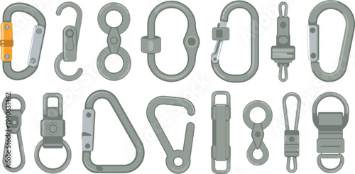Carabiner clips and metal hook connectors collection, climbing gear and safety snap hooks vector illustration set isolated