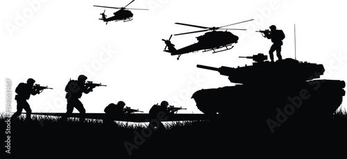 Black silhouette of soldiers with tank and helicopters
