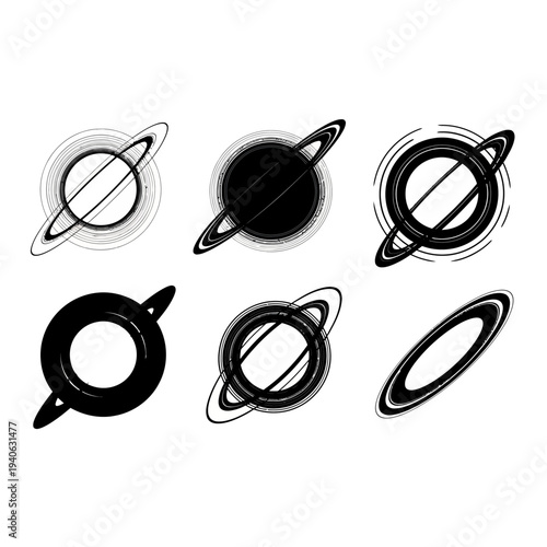 Minimalist Saturn planet icons set, black and white celestial ringed planets, 6 vector space elements for astronomy logos and cosmic designs