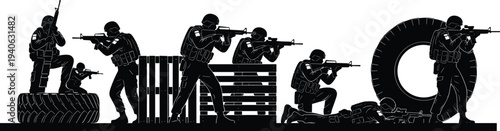 Black silhouettes of soldiers with guns behind barriers